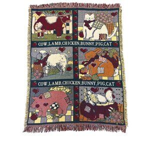 Farm Animal Woven Tapestry Throw Blanket Fringed  63" x 48" Bunny Cow Chicken Vt